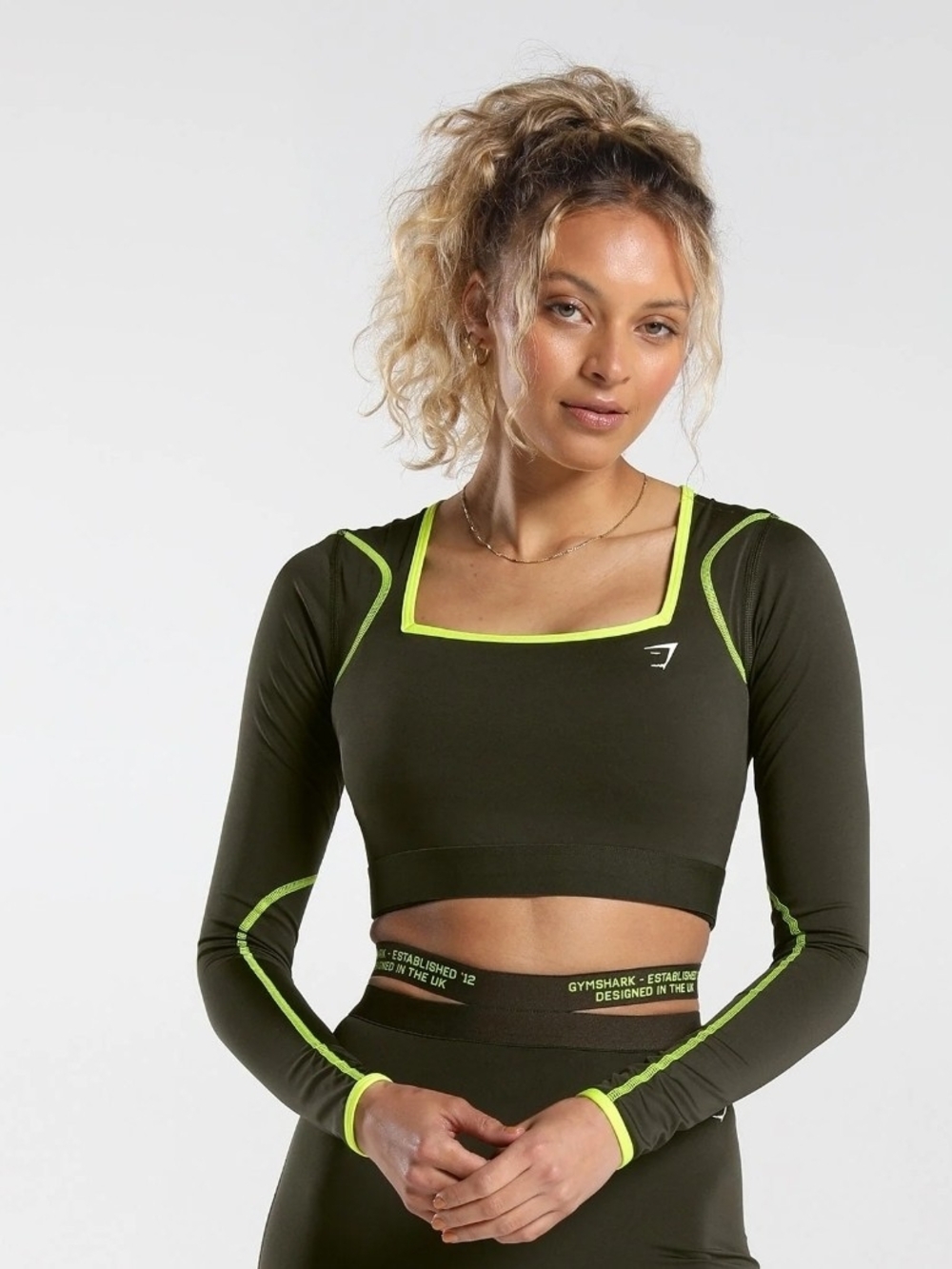 Gymshark Olive Green Long Sleeve Crop Top with Neon Yellow Trim